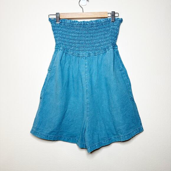 Anthropologie Pilcro Women’s Smocked Linen Blend Romper Teal Size XS Boho Beach - Picture 3 of 11
